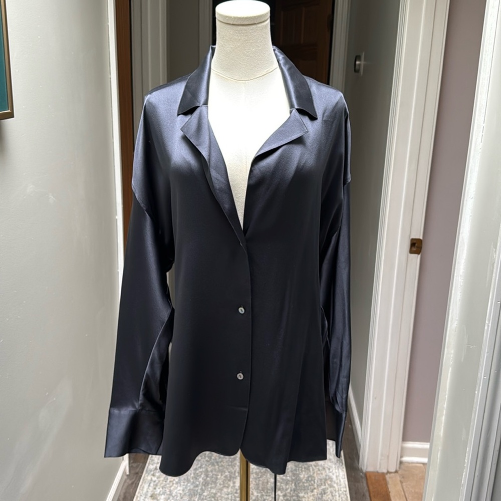Vince Satin tie back Pajama Blouse in blue